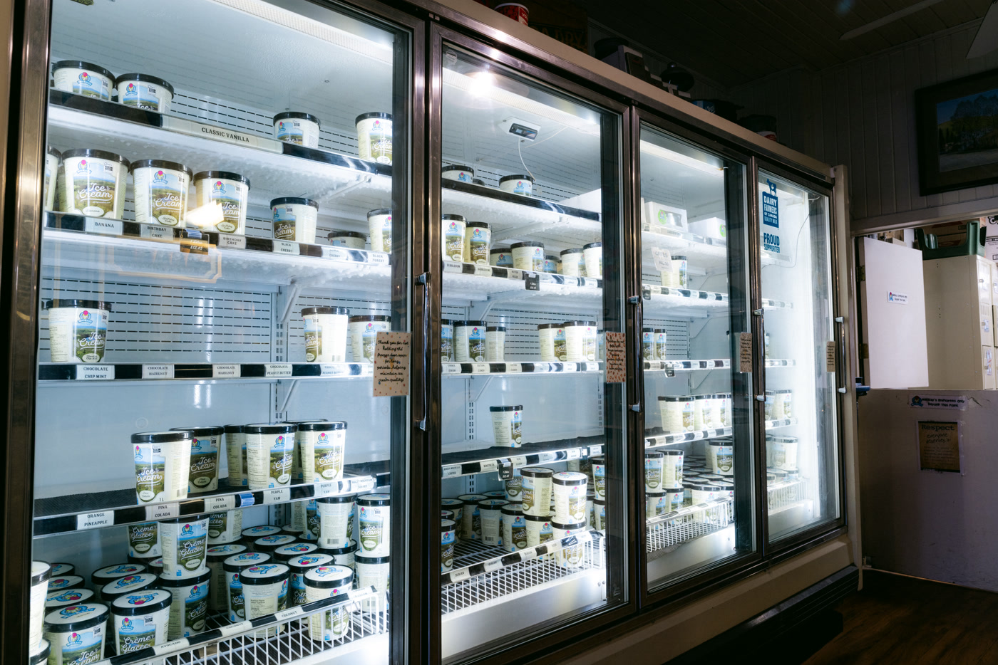 The shop's long glass-fronted freezer, lit from inside, shelf after shelf of lidded ice-cream tubs