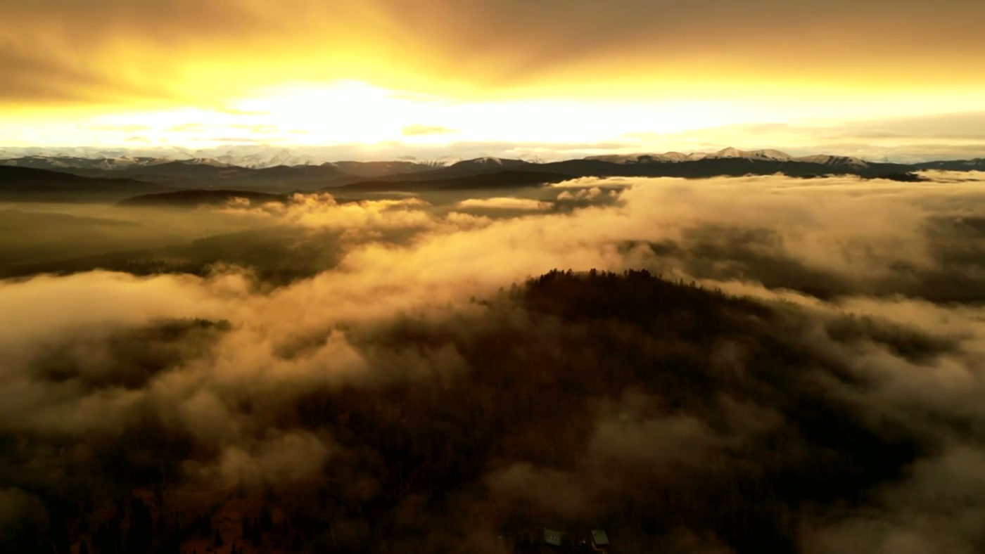 Sunrise above a low cloud layer, forested ridges breaking through the mist — a light reference