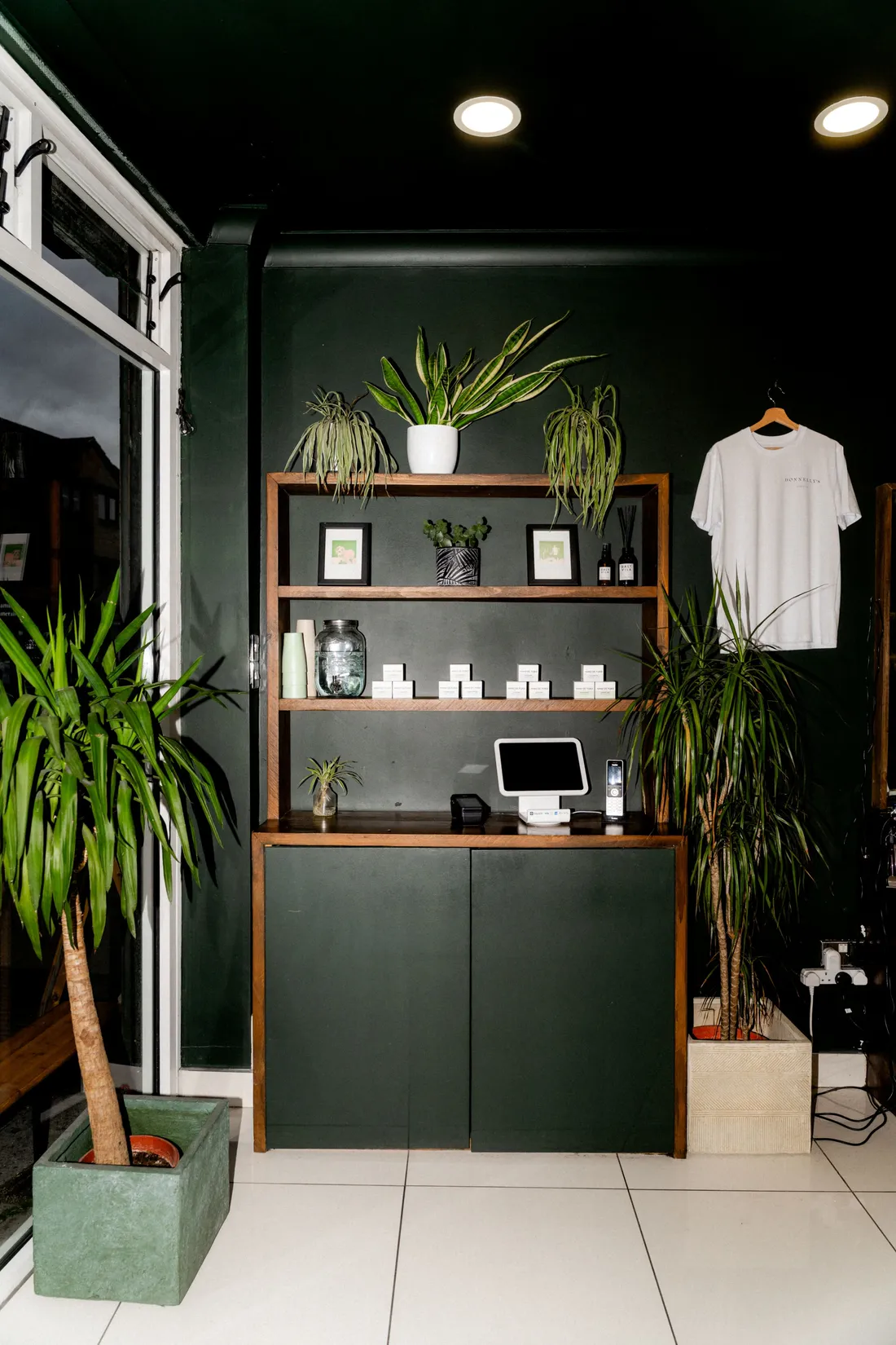 A dark green retail display unit with products, plants and a hanging shirt