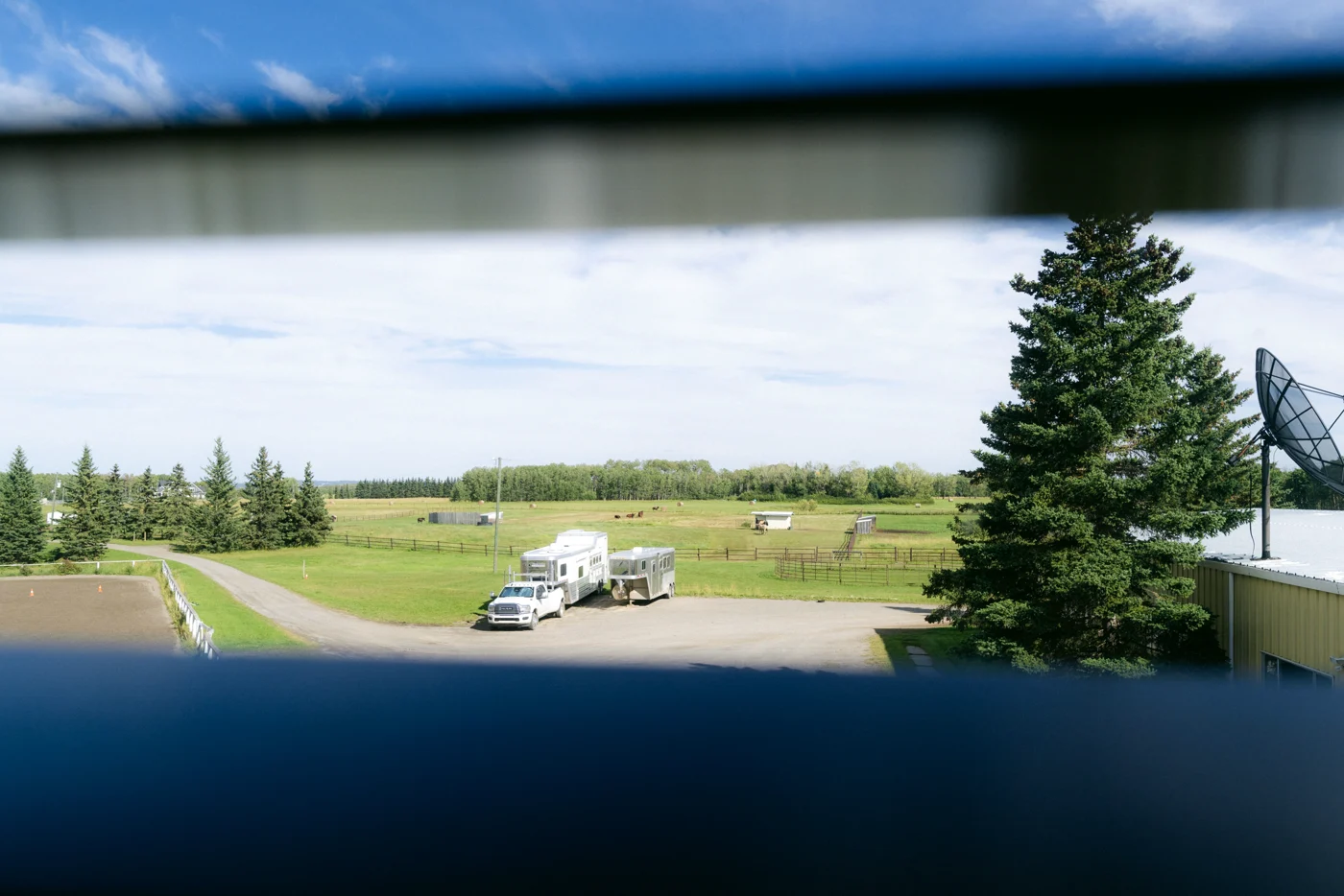 A view from an upper window over a lawn, a spruce and a trailer under a wide sky