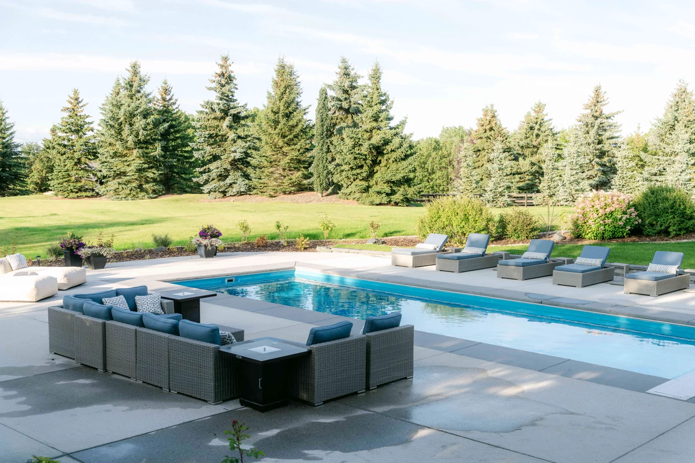 A pool and outdoor lounge with a line of spruce trees and a sport court behind