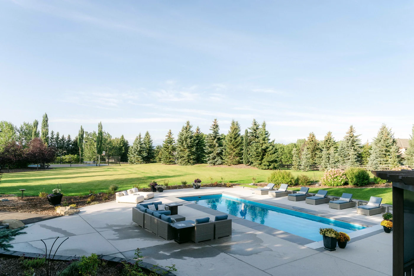 The pool, terrace and lawn of an estate in evening light, spruce all around
