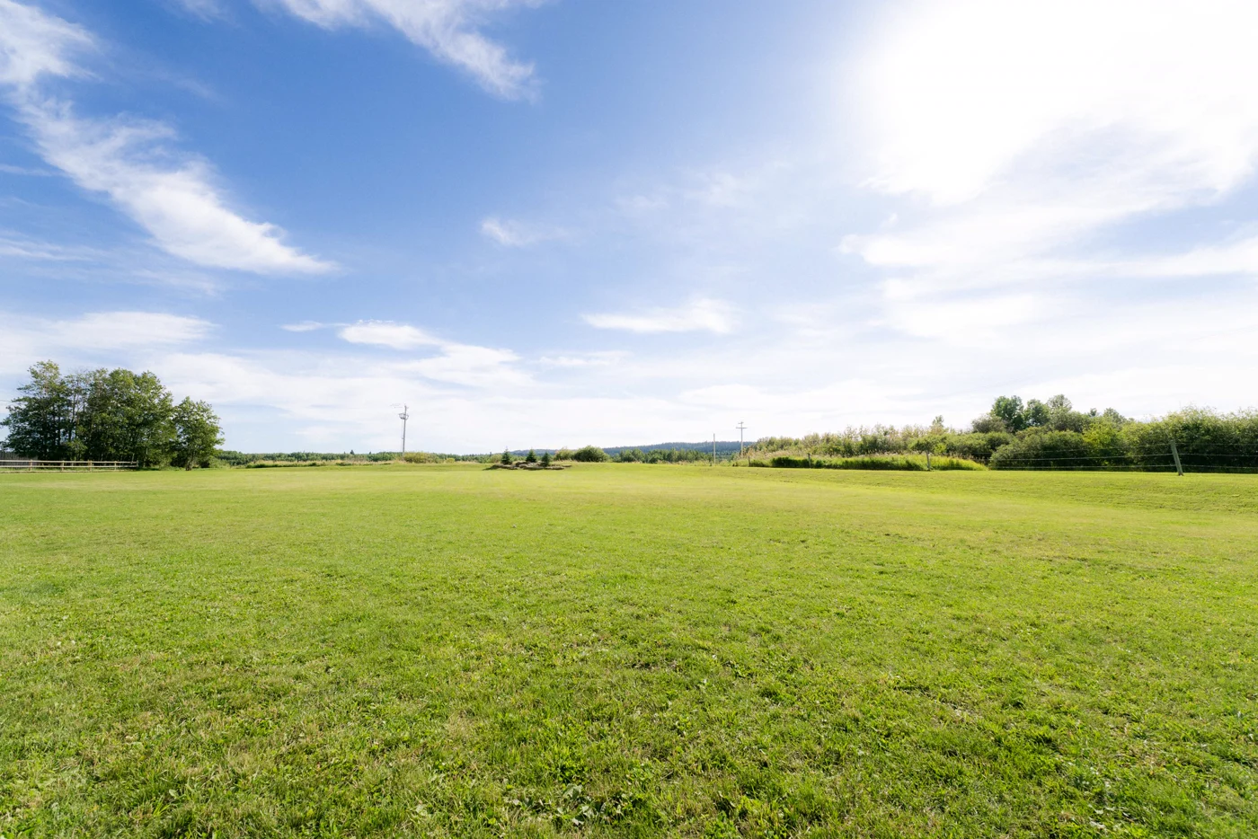A green field under a wide summer sky with wisps of cloud
