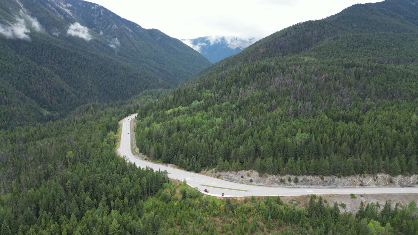 A two-lane highway sweeping through conifer forest below the mountain wall at Radium Hot Springs, pale gravel along its outside edge