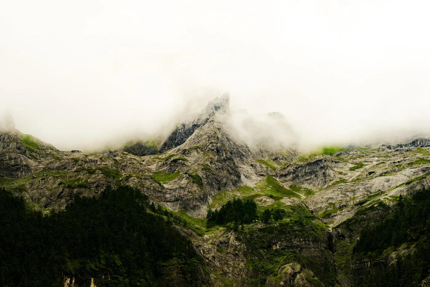 Low cloud sitting on grey rock peaks above dark scree