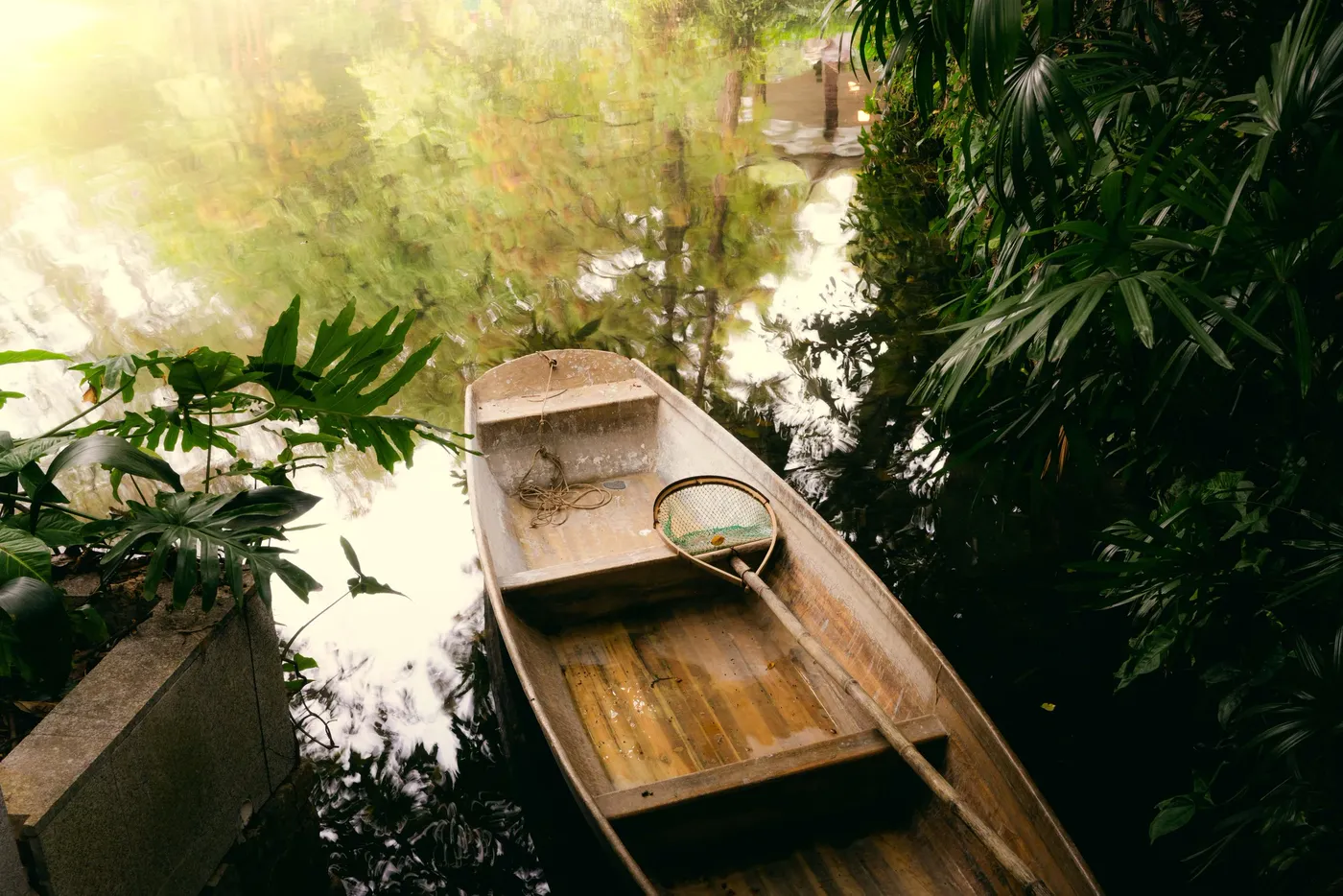 A wooden rowboat moored on still water under overhanging foliage