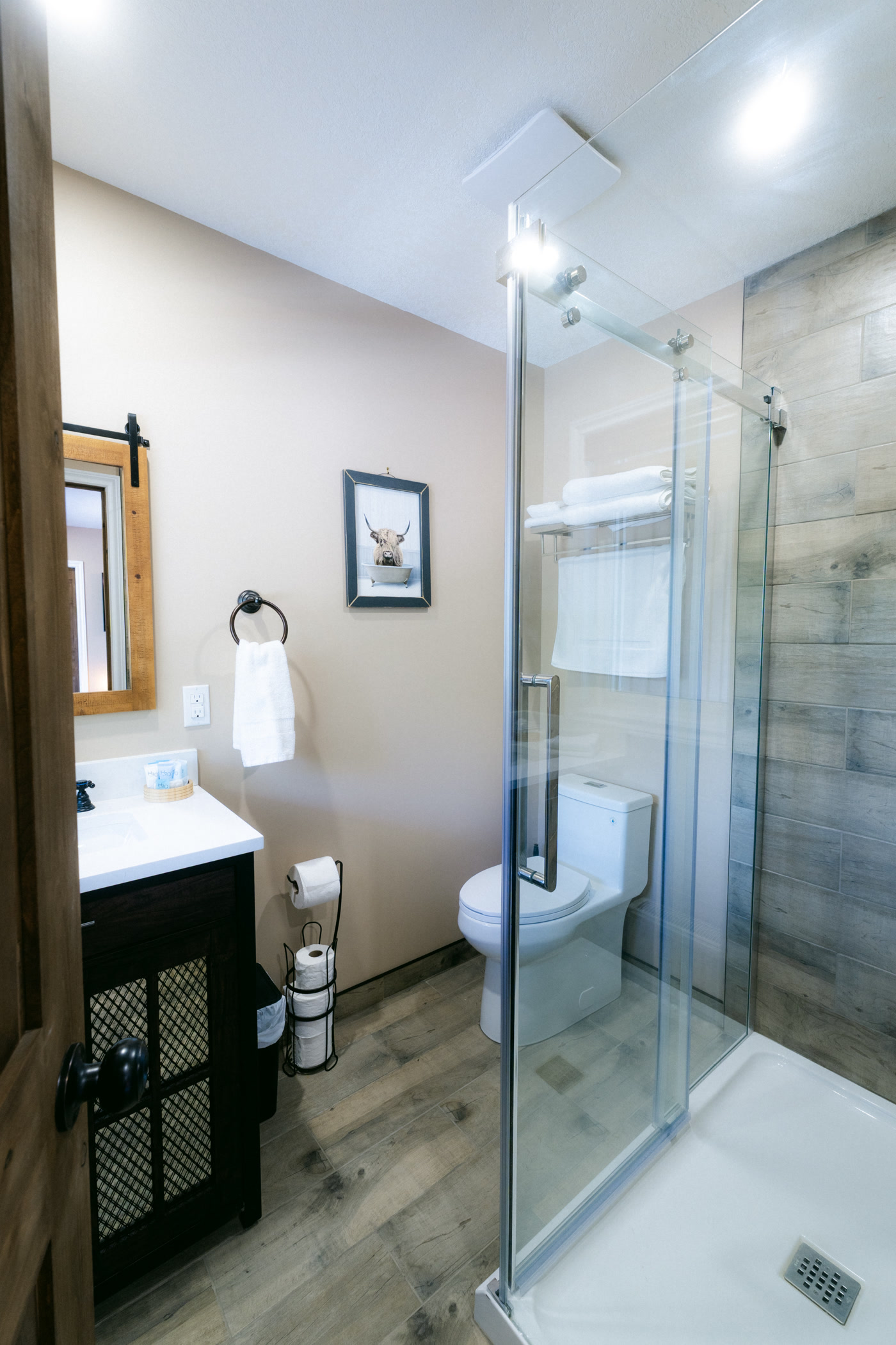 The Stampede Room's bathroom at Shire Ridge Lodge near Bragg Creek: a glass walk-in shower with wood-look tile, a white toilet, a dark vanity and a small framed print on the wall