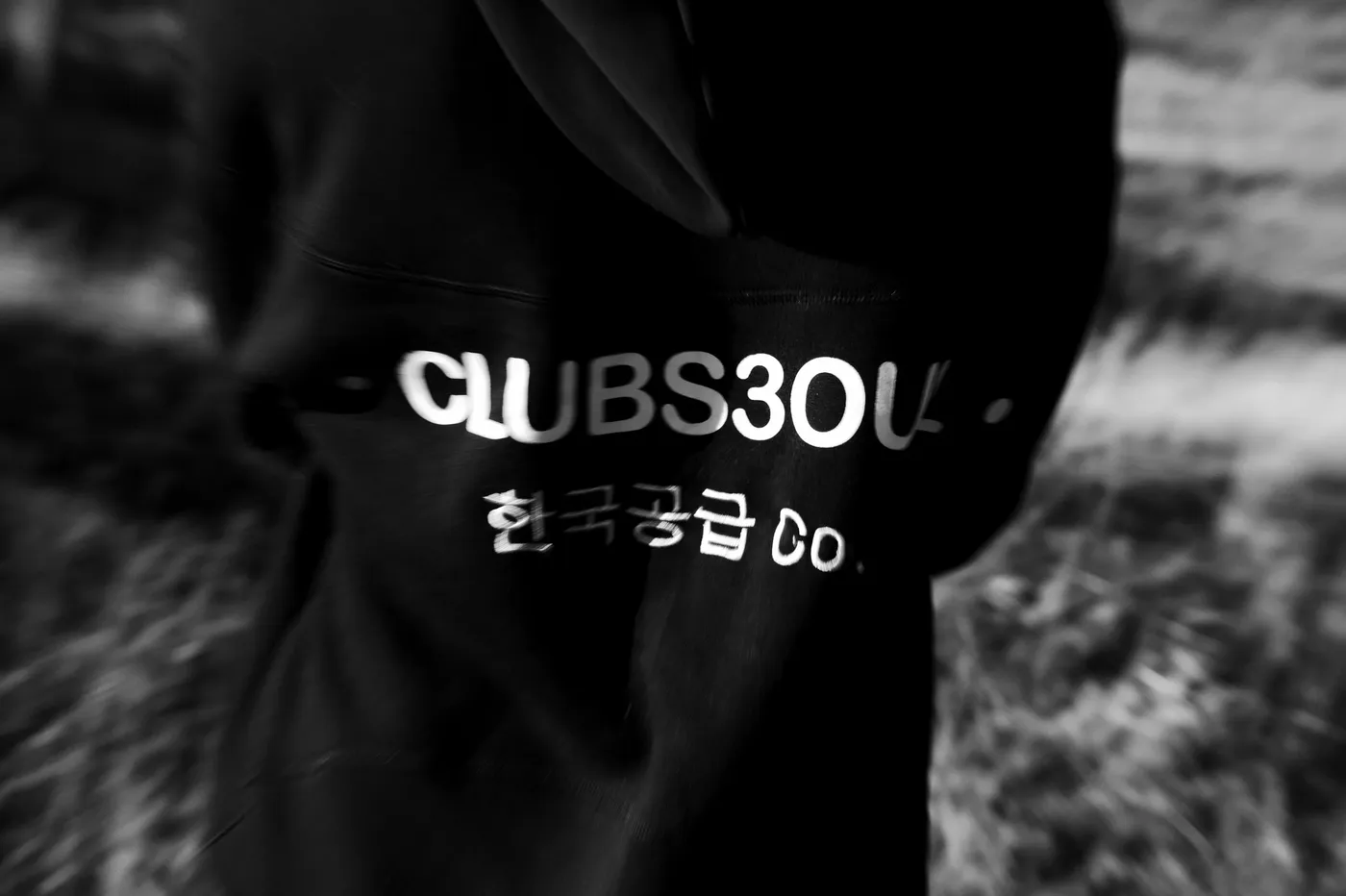 A close monochrome frame of a hoodie back print with the shoreline behind it