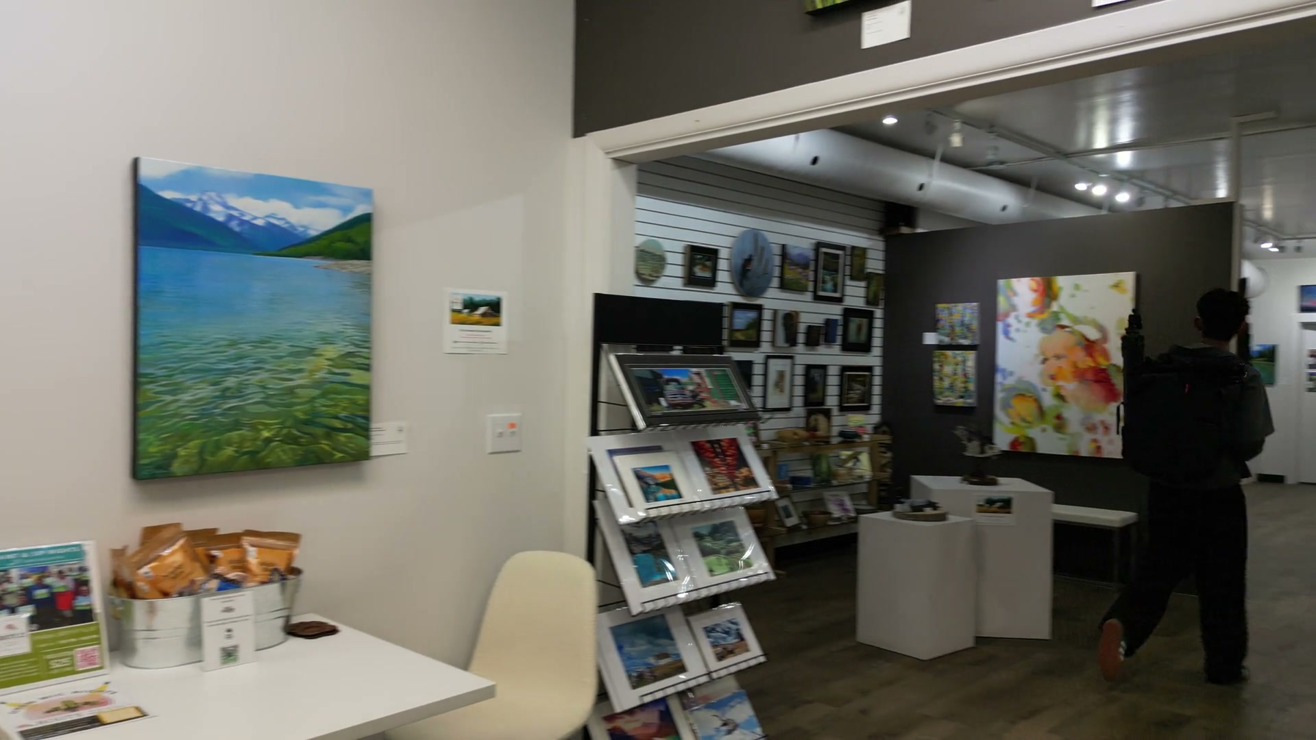 One unbroken indoor flight at Route 22 Art Gallery: out of the Makerspace, through the doorway, across the gallery to the counter