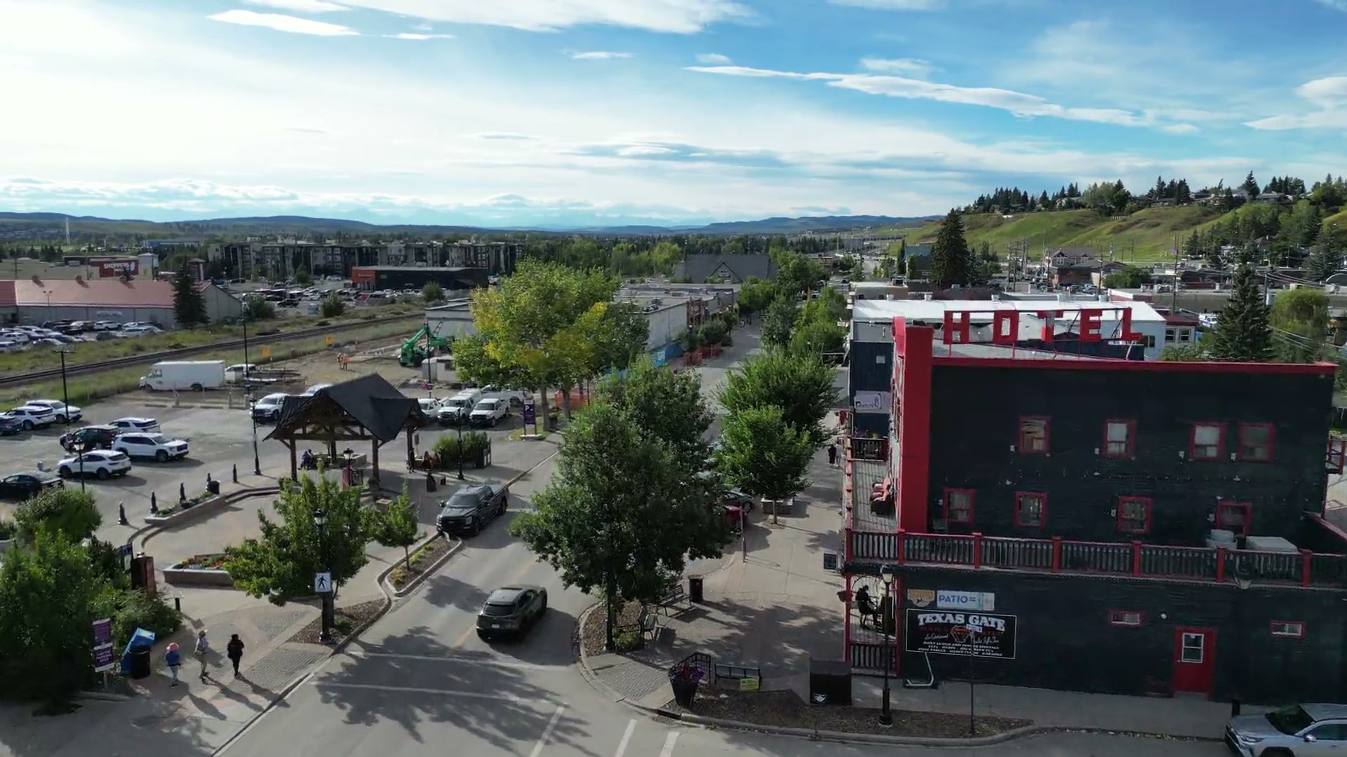 From the roundel out past the red-and-black hotel block, the rail yard and the lots to the foothills on the horizon