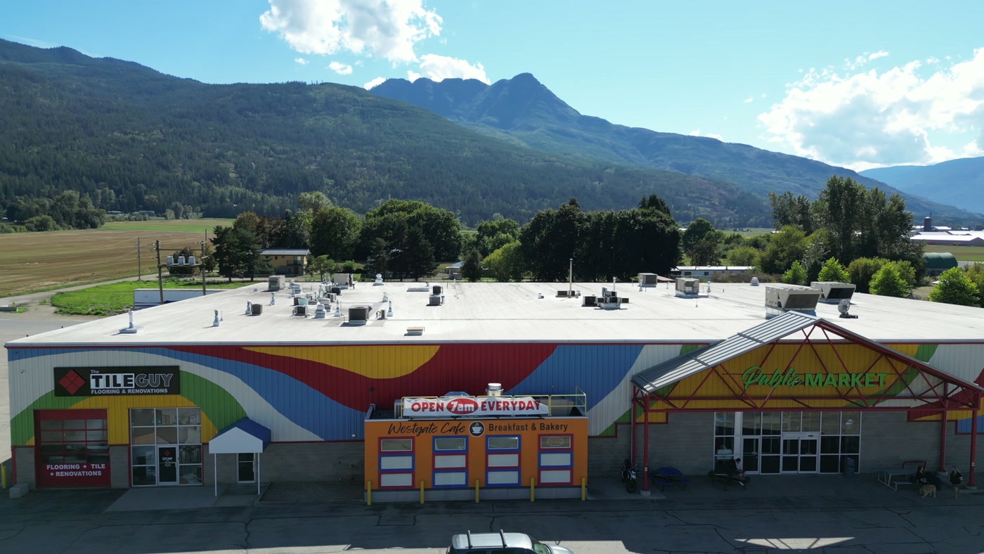 The whole painted front of Westgate Public Market in Salmon Arm from above the lot: a flooring store, the orange café, the red steel gable, the flat white roof, and Mount Ida over the trees