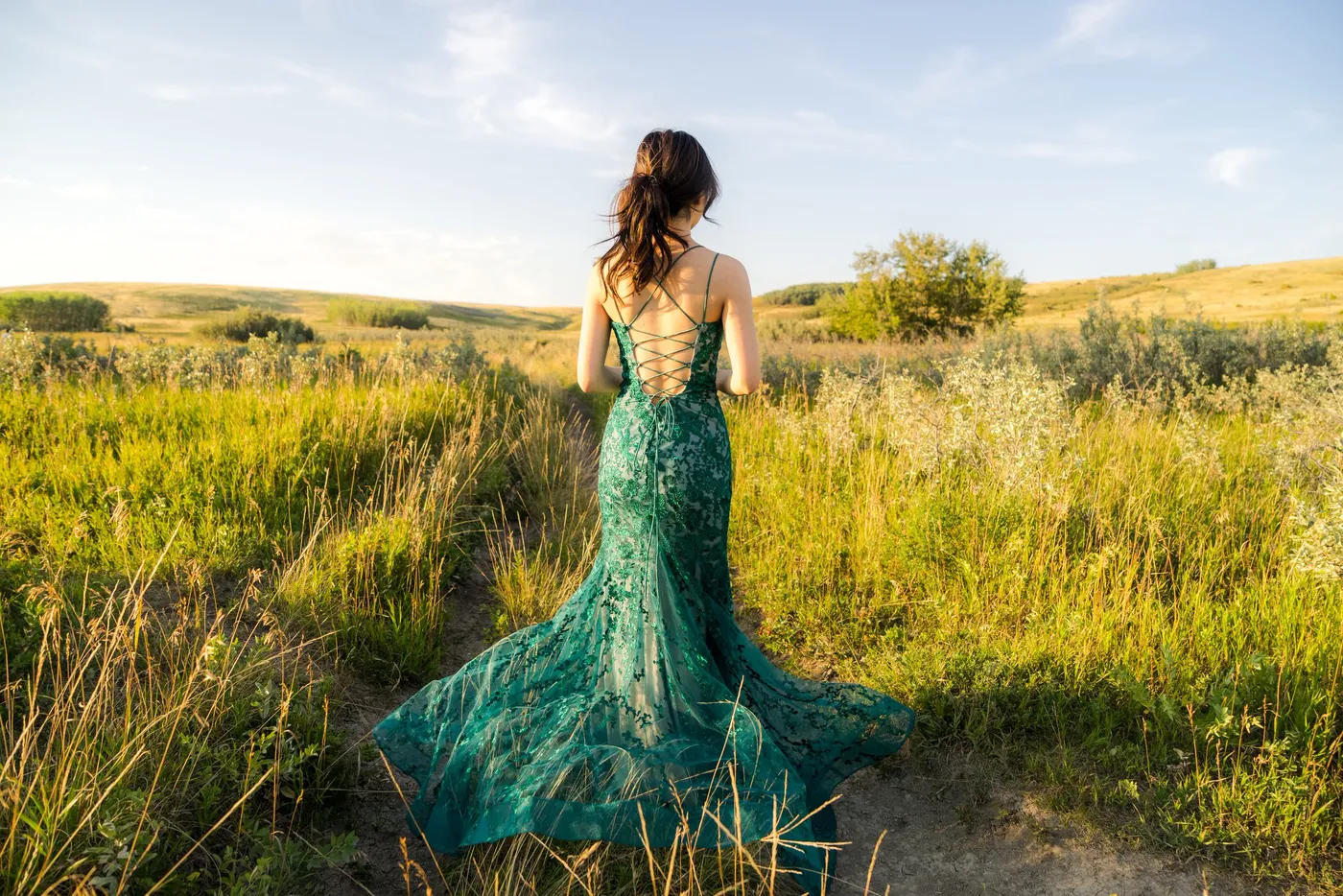 A woman in an emerald lace gown seen from behind, its train trailing through sunlit grass