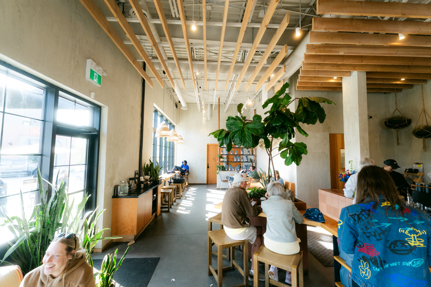 Along the cafe's window wall: stools at the sill, the counter beyond, plants and a laptop in the sun