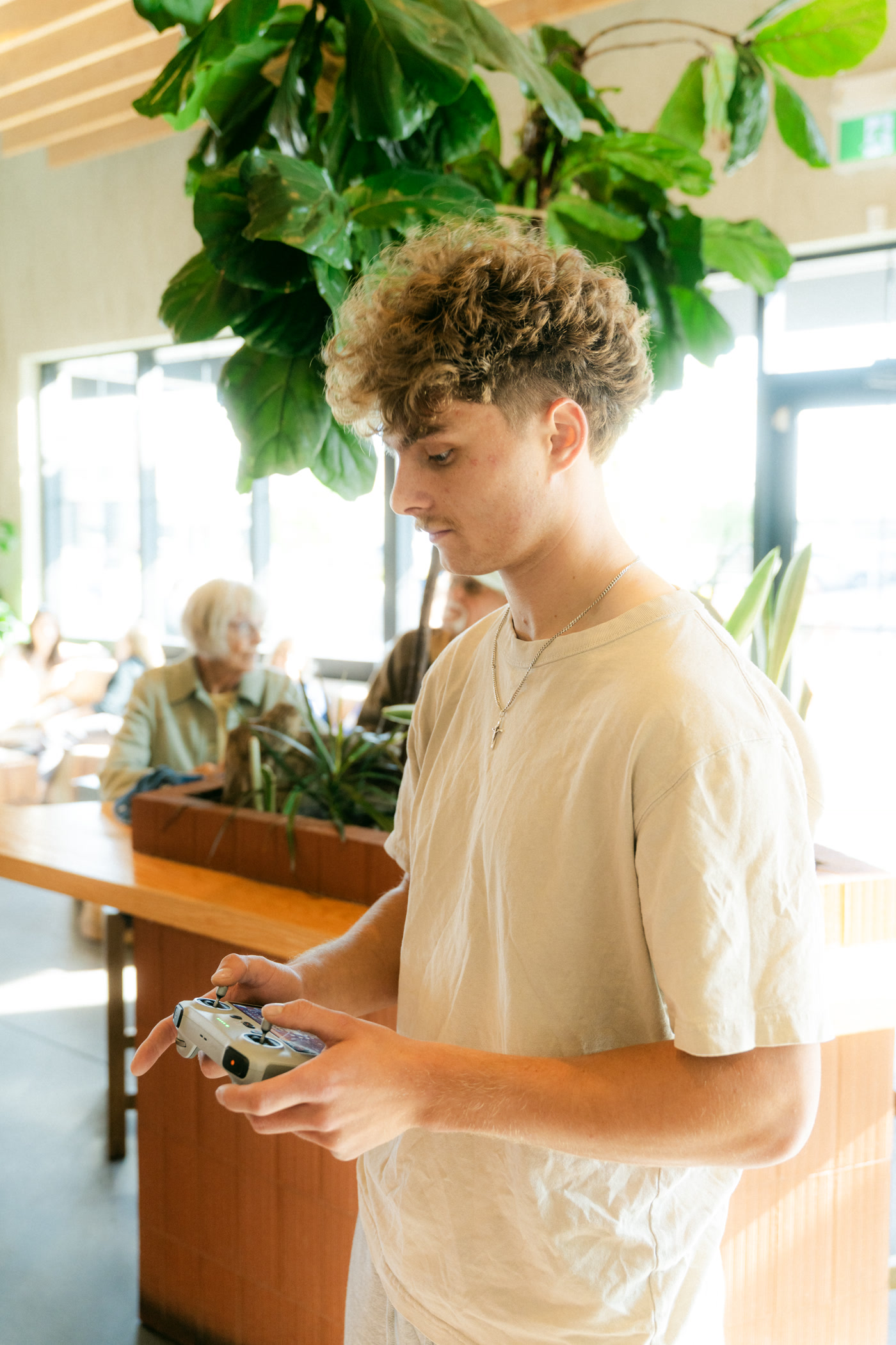 A member of the crew under the hanging fiddle-leaf fig, the window light behind him