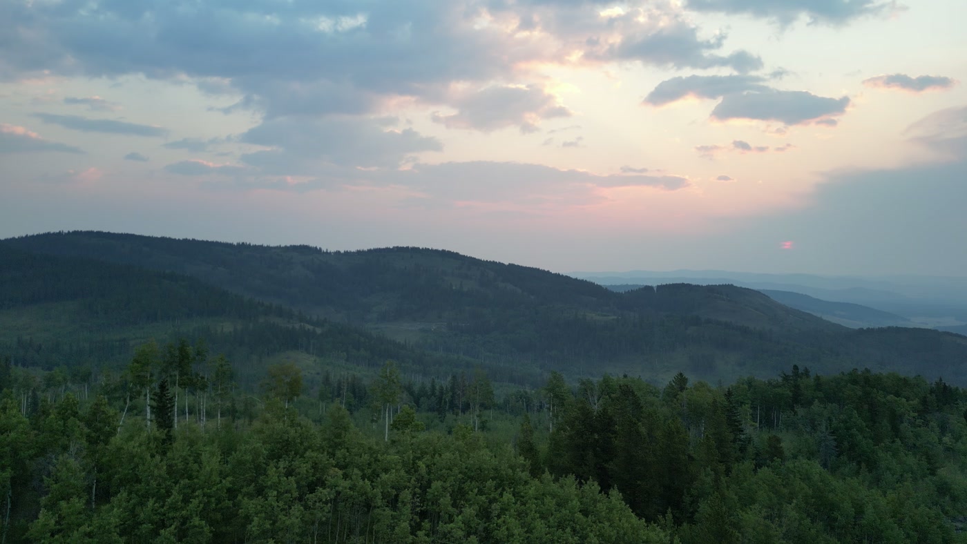 The crowns of an aspen stand below the ridge, forested hills rolling back into blue haze, and pink light behind the cloud above them