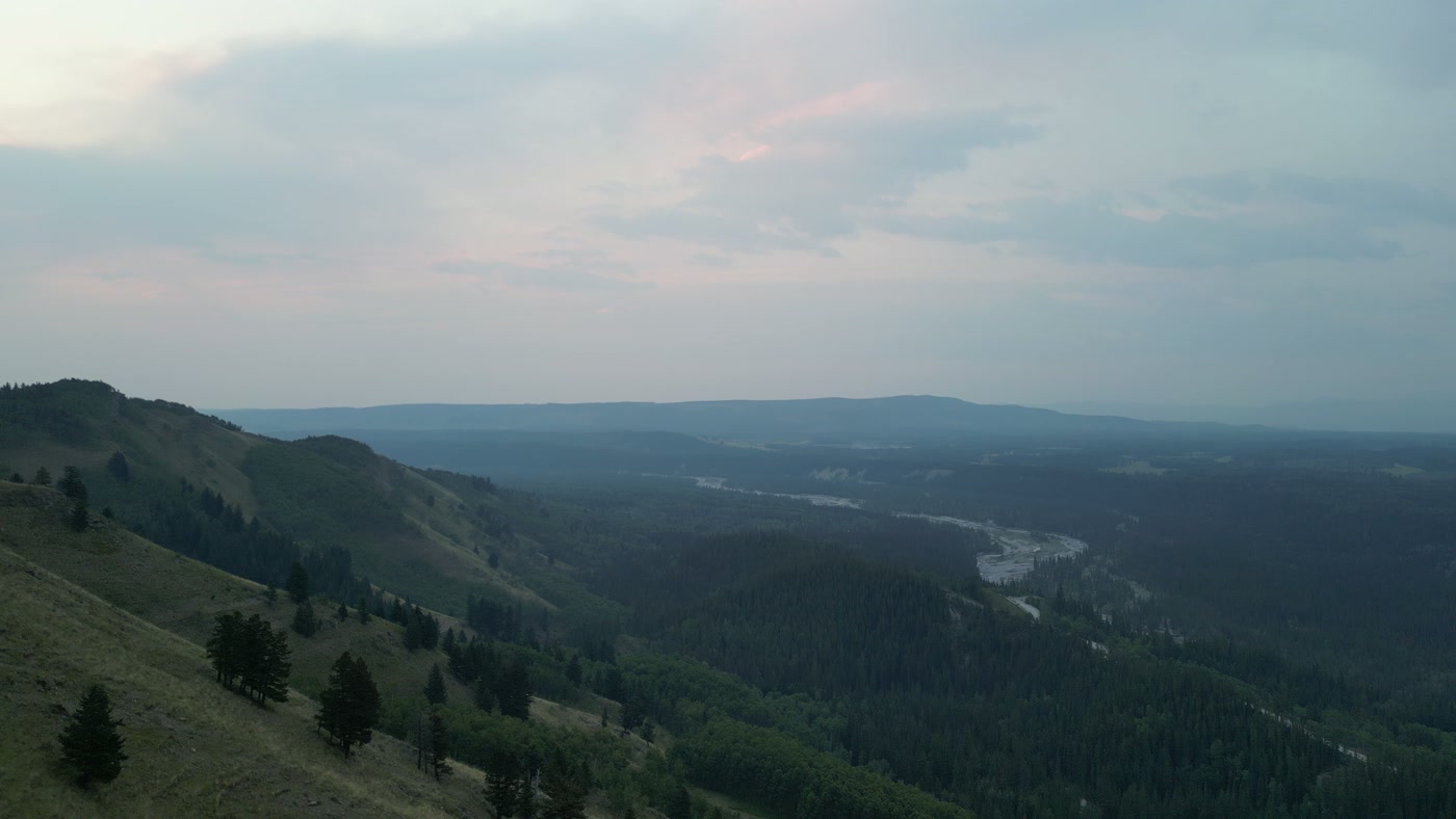 An open grass slope scattered with spruce, a braided river bending through the forested valley below, lower ridges fading into haze toward the east under a pale sky