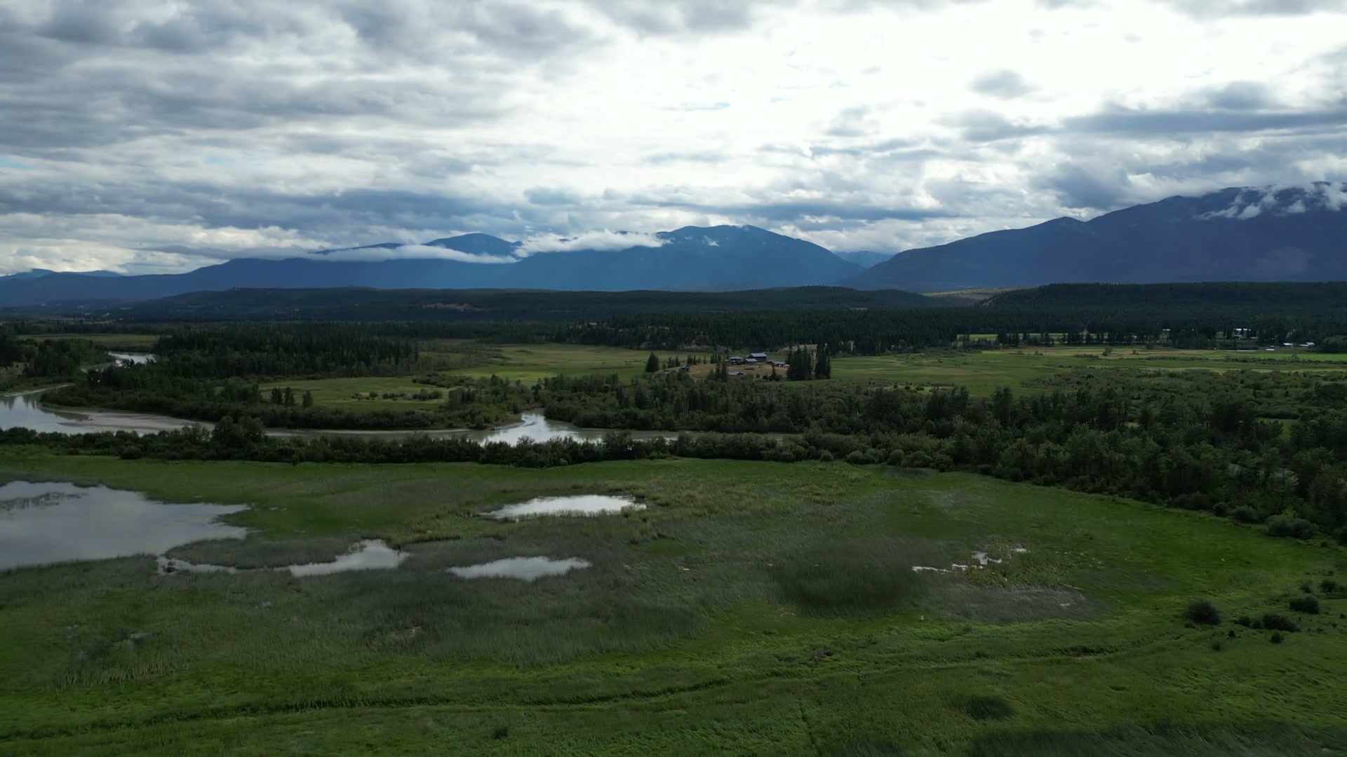 Rising from a flooded meadow at Radium Hot Springs: standing water in the grass, the Columbia River's tree line beyond it, hay fields and a farmstead on the bench, cloud lying on the far ridge