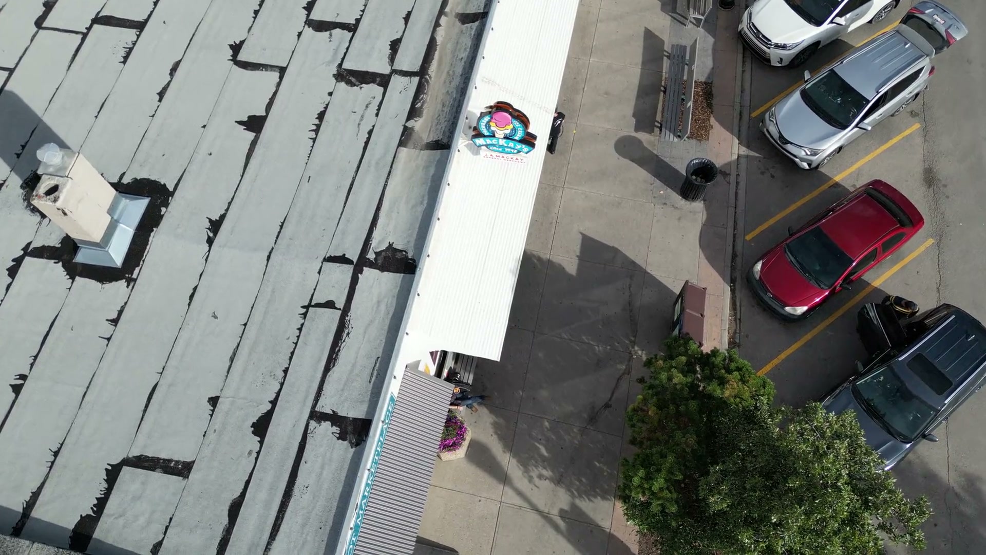 Directly above an ice cream shop: the awning, the sign, the parking stalls and a line of cars