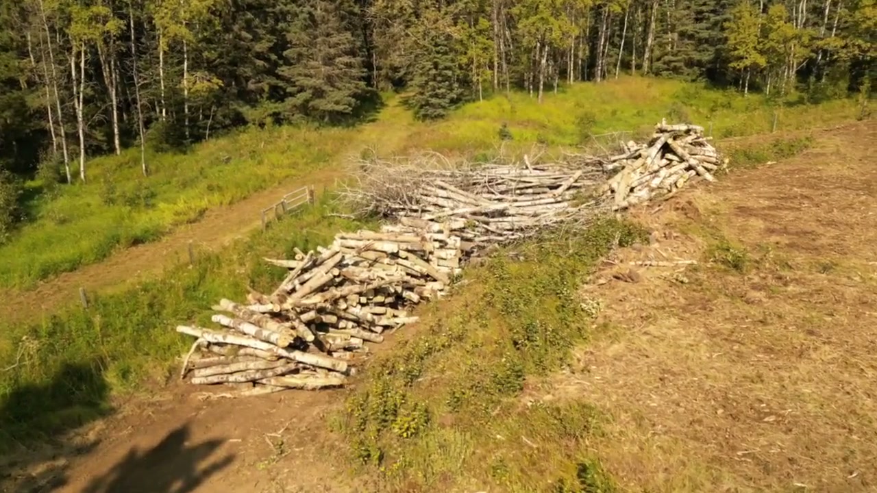 Cleared ground, a log pile and a barn on a foothills acreage from the air