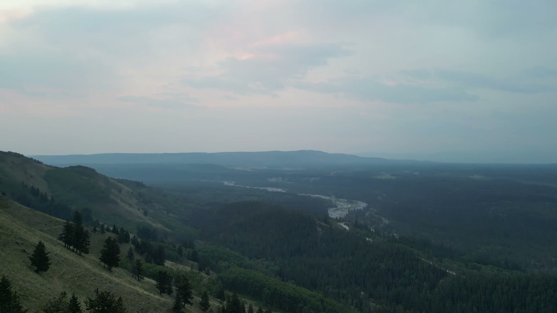 Dusk from a forested ridge: spruce on the slope, a valley and its river far below, the last light on a bank of cloud
