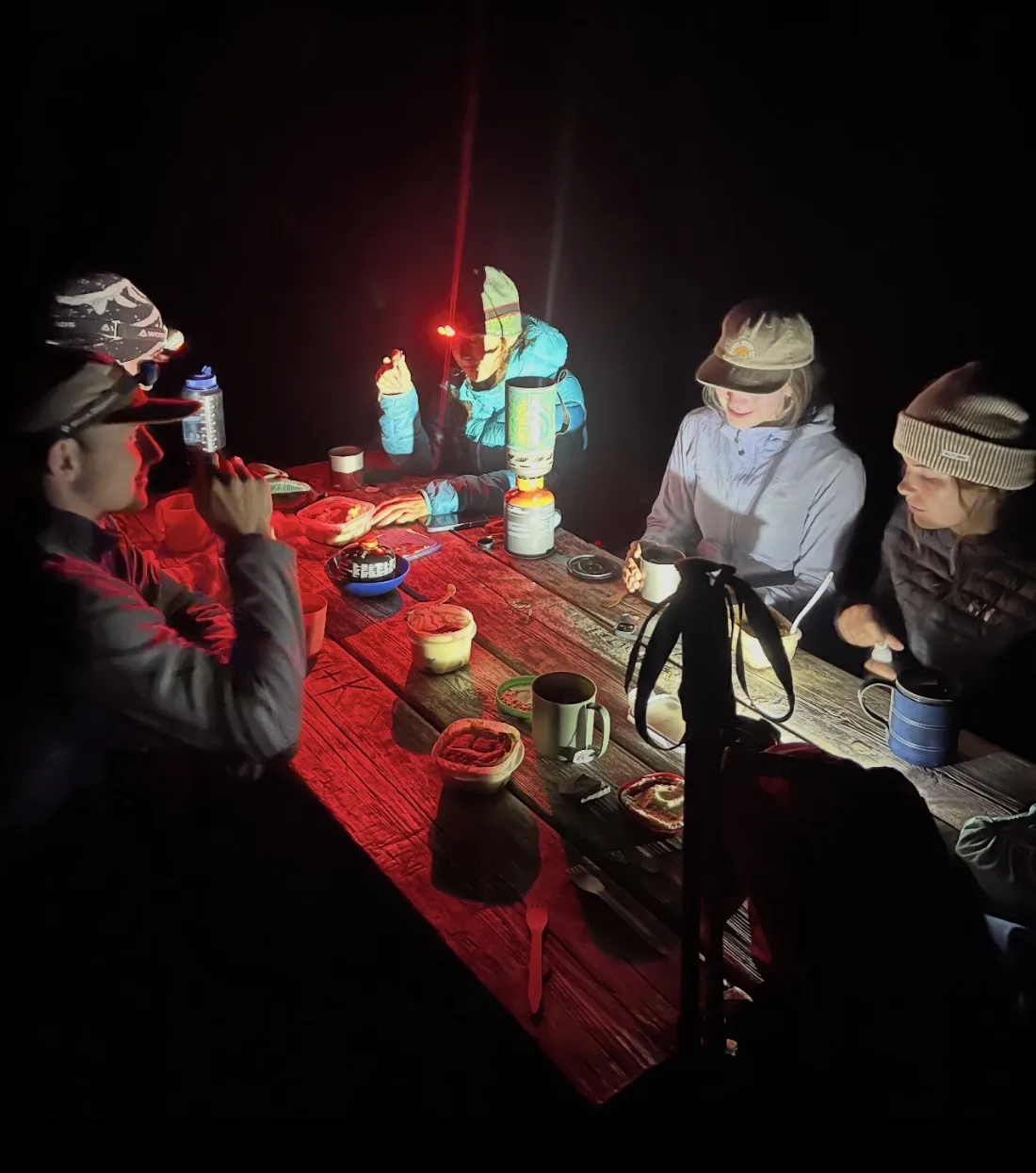 Four people eating around a wooden picnic table in the dark, lit only by red headlamps and the blue flame of a camp stove